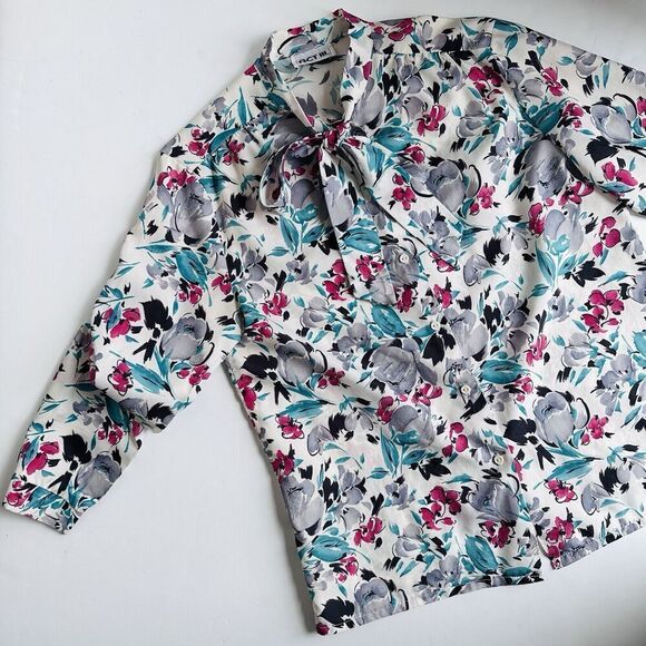 Vintage ACT III Button Up Blouse Tie Neck Secretary Floral Print Women’s Size L - Picture 2 of 12